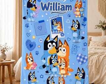 Personalized Bluey Plush Throw, Custom Name Baby Blanket Gift for Kids, Toddlers, Nursery