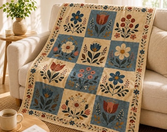 Scandinavian Folk Floral Velveteen Blanket, Nordic Flower Quilt Throw, Primitive Farmhouse Floral Blanket, Blue Cream Cozy Decor