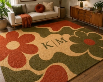 Personalized Groovy Floral Living Room Rug Gift, Custom Initials Area Rug, Retro Mid Century Decor, Custom Color Plush Housewarming Gift
