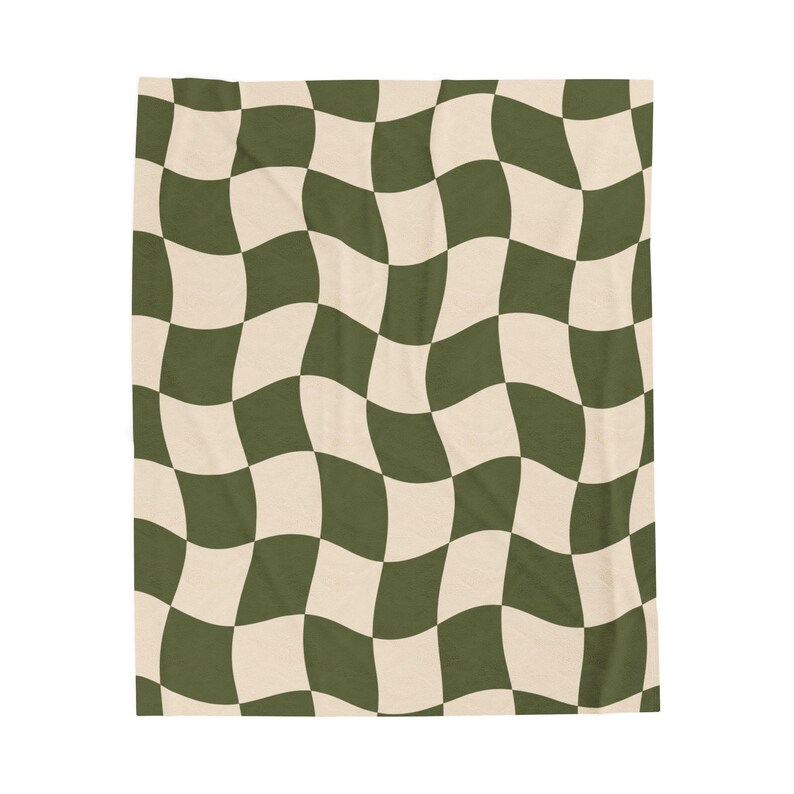 Olive Green Wavy Checkerboard Cozy Throw Blanket Blanket Wavy Checkerboard Retro Room Decor Boho Home Blanket Neutral Couch Throw Gift image 9
