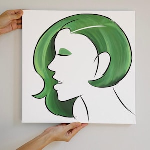Woman in Profile with Green Hair, Asymmetrical Bob Hairstyle, Line Art, Digital Download, Wall Decor