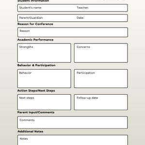 May include: A printable Parent-Teacher Conference Notes form with sections for student information, academic performance, behavior, action steps, and additional notes. The form includes a rainbow graphic and prompts for parent and teacher signatures.
