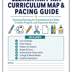 May include: A document titled Elementary Art Curriculum Map & Pacing Guide with a yellow star, icons of art supplies, and a numbered list of seven topics including Line & Shape, Color Basics, Pattern & Texture, Shape & Form, Drawing, and Collage.