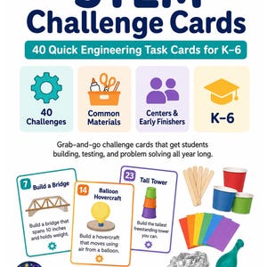 Könnte beinhalten: STEM-Herausforderungskarten-Set mit 40 Ingenieurs-Aufgabenkarten für die Klassen K-6. Enthält drei Beispielkarten: Build a Bridge, Balloon Hovercraft und Tall Tower. Zubehör: Holzstäbchen, Pappbecher, buntes Papier, Alufolie und ein Luftballon.