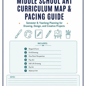 以下が含まれることがあります： Middle School Art Curriculum Map & Pacing Guideと書かれた白地に濃い青色のテキストのドキュメント。学期および年間計画のセクション、画材のアイコン、7つのトピックの番号付きリスト、メモ欄が含まれています。
