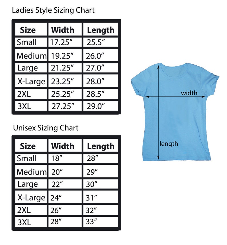 May include: A chart showing the size measurements for ladies and unisex t-shirts. The chart shows the size, width, and length in inches. The chart is accompanied by a diagram of a t-shirt with the width and length measurements labelled.