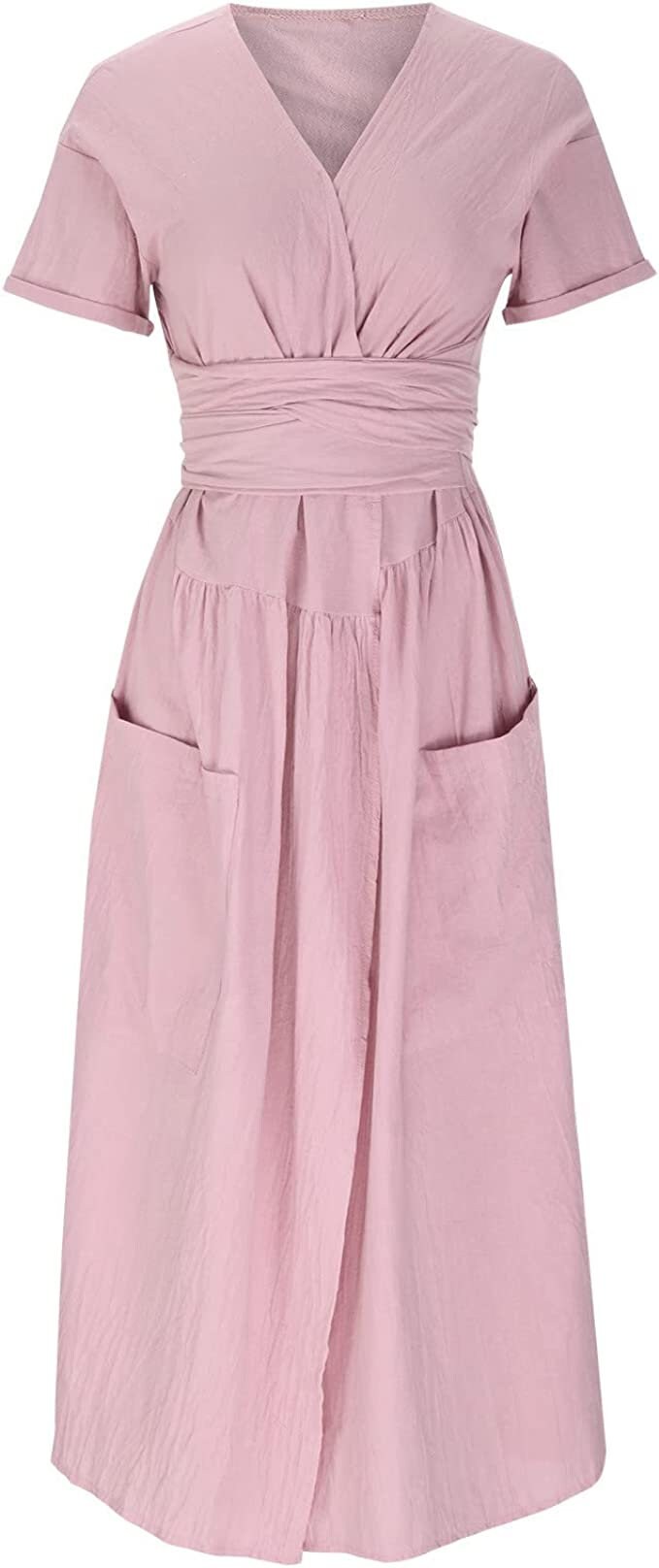 Green Wrap Midi Linen Dress With Belt and Pockets|linen
