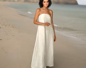 Linen sleeveless dress with pockets cotton dress for summer ladies dress wedding guest dress Maxi classic white dress, backless dress  Gift