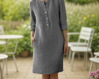 Linen dress with pockets| Button neck dress| linen dress with 3/4 sleeve| Plus size clothing linen cotton Mix shift everyday dress 9 Colours
