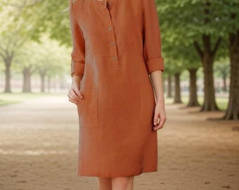 Linen dress with pockets| Button neck dress| linen dress with 3/4 sleeve| Plus size clothing linen cotton Mix shift everyday dress 9 Colours