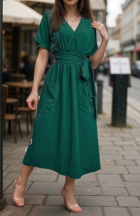 V Neck Summer Dresses Knee Length With Sleeves Cotton Linen