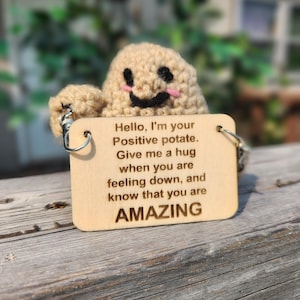 Puede incluir: Un juguete de patata de crochet sosteniendo un letrero de madera que dice "Hola, soy tu Patata Positiva. Dame un abrazo cuando te sientas mal, y recuerda que eres INCREÍBLE."