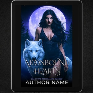 May include: A digital book cover titled "Moonbound Hearts" featuring a woman in a dark dress with a white wolf in front of a full moon. The cover also includes the text "USA Today Bestselling Author" and "Author Name". The words "Premade Book Cover" are at the bottom.