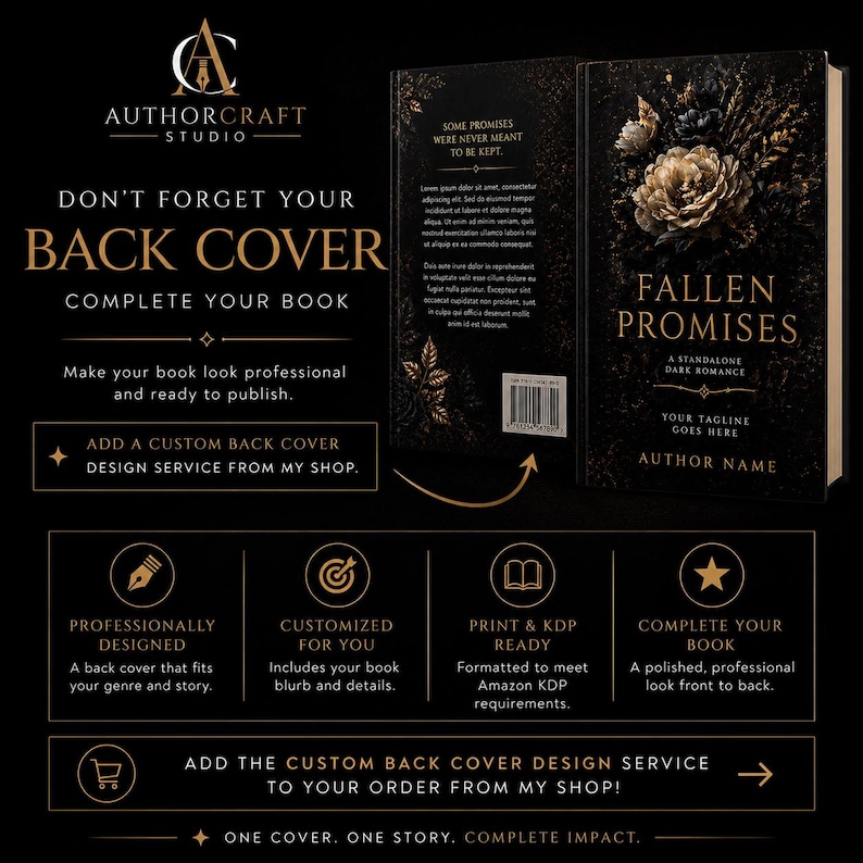 May include: A promotional image for a book cover design service. The image features a book with the title "Fallen Promises" and the text "Don't forget your back cover, complete your book." The design is dark with gold accents.