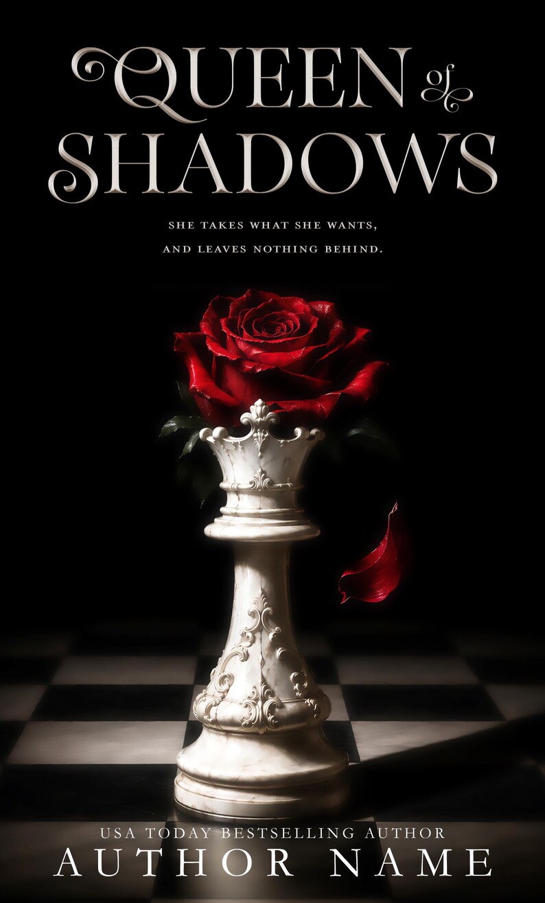 May include: Book cover featuring the title "Queen of Shadows" in elegant script above a red rose atop a white chess piece. The text "She takes what she wants, and leaves nothing behind" is also visible. The author's name is at the bottom.