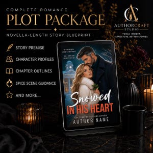 Op de afbeelding: Een digitale tablet toont de cover van een boek getiteld "Snowed in His Heart" met een romantische illustratie. De afbeelding maakt deel uit van een "Complete Romance Plot Package" met functies zoals verhaalpremissen en karakterprofielen.