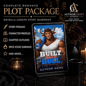 Puede incluir: Una tableta digital muestra la portada de un libro titulado "Built Like a Bull" con un personaje musculoso parecido a un toro. La imagen es parte de un "Plot Package" para novelas románticas, que incluye la premisa de la historia, perfiles de personajes y esquemas de capítulos.