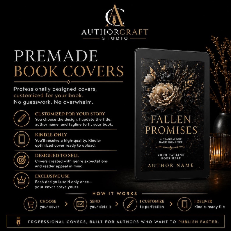 May include: Promotional image for premade book covers. The image features a tablet displaying a book cover with a floral design and the title "Fallen Promises." Text highlights customization, Kindle optimization, and exclusive use. The Authorcraft Studio logo is at the top.