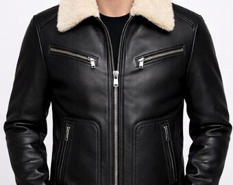 Men's Black Sheepskin Leather Aviator Jacket - Shearling Collar Winter Coat