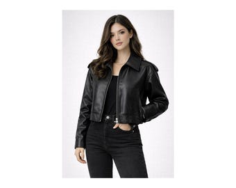 Black Women's Vegan Biker Jacket Cropped Moto Style Leather Coat with Asymmetrical Zip