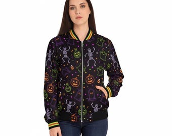 Halloween Bomber Jacket: Spooky Ghost, Pumpkin, and Skeleton Print