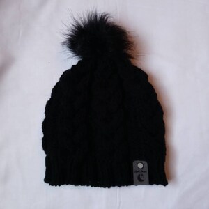 Black Braided Cable Knit Winter Hat Beanie with Fuzzy Pom Pom Unisex Women Men Adult Goth