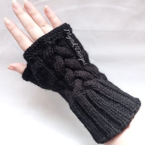 Black Cable Fingerless Knitted Mitten Handmade Fall Autumn Winter Goth Accessory