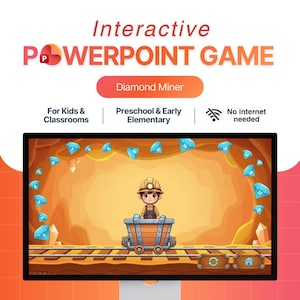 Pode incluir: Um ecrã de computador exibe um jogo interativo do PowerPoint intitulado "Diamond Miner". O jogo apresenta um mineiro de desenho animado num carrinho de mina, rodeado por diamantes azuis. O texto indica que é para crianças e salas de aula e não requer internet.