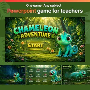 May include: A digital PowerPoint game template titled Chameleon Adventure featuring a green chameleon character in a jungle setting. The interface includes a start button, multiple slides with insect icons, text placeholders, and navigation buttons.