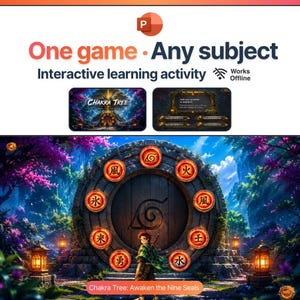 Puede incluir: Un juego de aprendizaje interactivo titulado Chakra Tree: Awaken the Nine Seals. La interfaz muestra una gran puerta circular de madera con nueve símbolos naranjas brillantes alrededor de un emblema de hoja central.