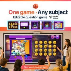 Może przedstawiać: Cyfrowy interaktywny ekran do gry z grafiką fioletowego automatu z chwytakiem i dwudziestoma ponumerowanymi złotymi monetami. Ekran wyświetla tekst One game Any subject Editable question game oraz Works Offline z ikoną programu PowerPoint.