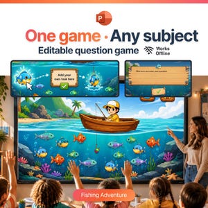 Könnte beinhalten: Ein digitales interaktives Angelspiel auf einem großen Bildschirm mit einer Zeichentrickfigur in einem Boot, die nummerierte Fische fängt. Die Benutzeroberfläche enthält den Text One game, Any subject, Editable question game und Fishing Adventure.