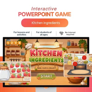 May include: An interactive PowerPoint game titled "Kitchen Ingredients" with a colorful, cartoon-style design. The game features a kitchen scene with various ingredients and the text "Read, Click & Collect!" and "Start". The game is for lessons and activities, for students of all ages, and requires no internet.
