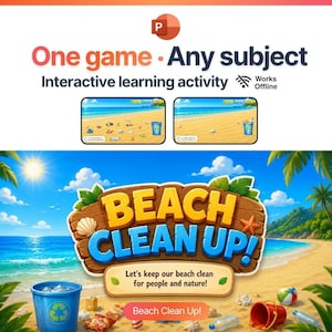 以下が含まれることがあります： Beach Clean Upというタイトルのインタラクティブなデジタル学習ゲーム。ゴミが散らばるビーチと青いリサイクルボックスが描かれています。インターフェースにはOne game Any subjectおよびInteractive learning activityというテキストが含まれています。