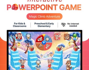 マジッククライムアドベンチャー – 子供向けインタラクティブPowerPointゲーム | ホイールを回して答えを出し、プレゼントまで登ろう