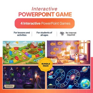 May include: An advertisement for interactive PowerPoint games. The image features four game boards with colorful illustrations, including a farm scene, a room with fish, a wizard's cauldron, and a space theme. Text on the image reads "Interactive PowerPoint Game".