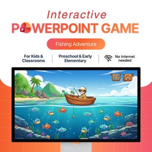 Pode incluir: Um monitor de computador exibe um jogo interativo do PowerPoint intitulado "Fishing Adventure". O jogo apresenta um menino de desenho animado pescando de um barco em um oceano azul com peixes coloridos. O texto na tela diz "For Kids & Classrooms" e "Preschool & Early Elementary."