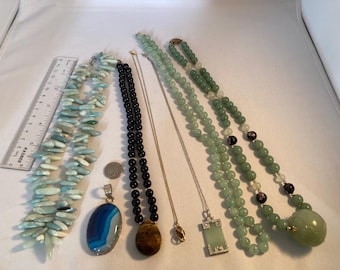 7 Piece 925 Sterling Silver or 1/20 12K GF Vintage to Modern Larimar Agate, Tiger's Eye, Jasper, Jade Green Quartz Aventurine Lot
