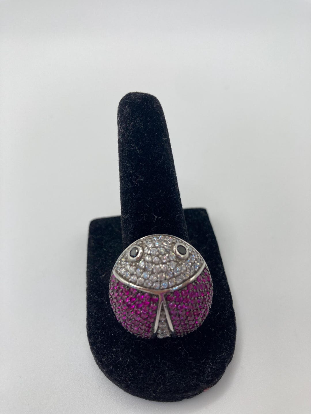 Ruby and CZ Encrusted Pave Ladybug 925 Sterling Silver Statement Ring ...