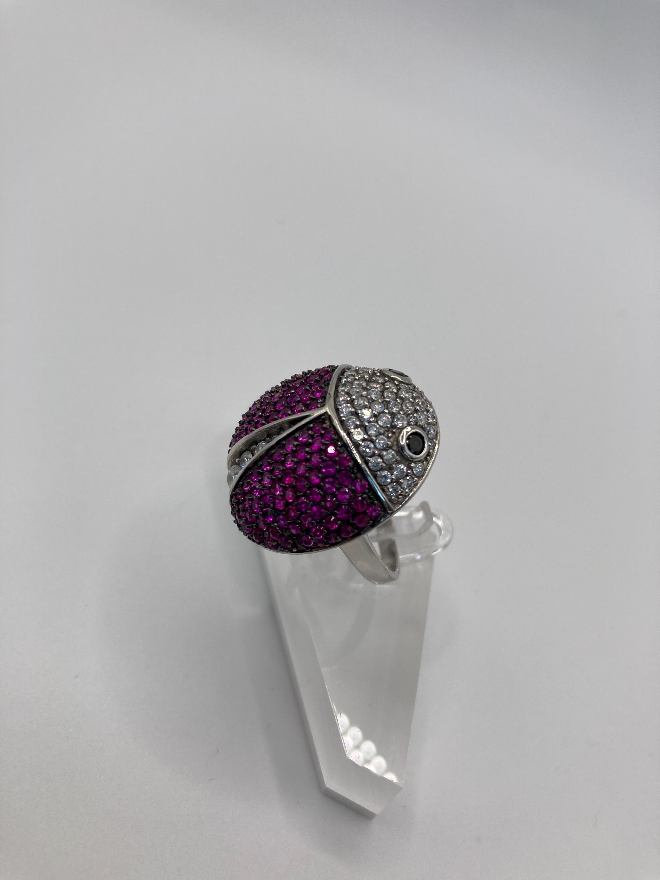 Ruby and CZ Encrusted Pave Ladybug 925 Sterling Silver Statement Ring ...