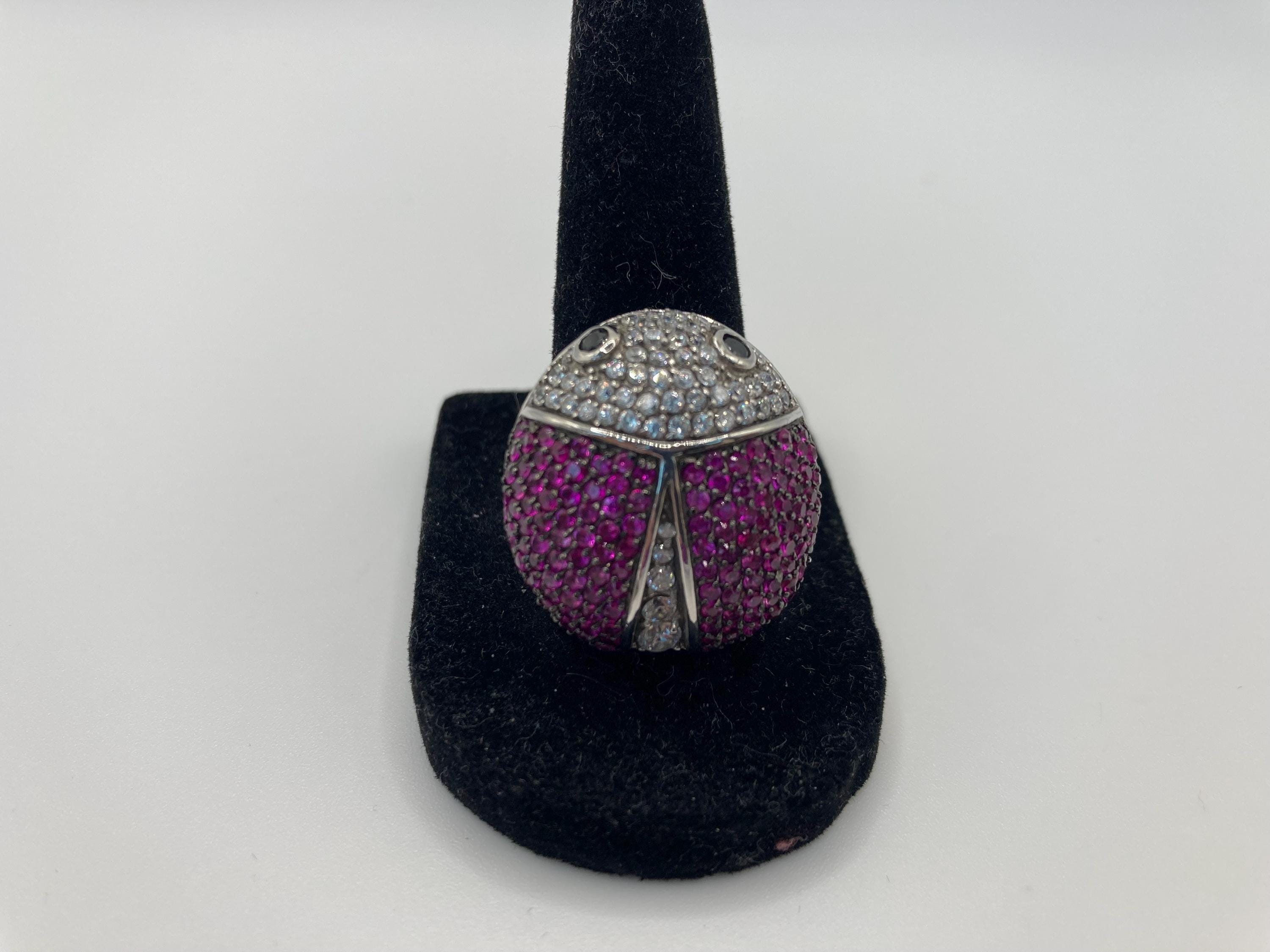 Ruby and CZ Encrusted Pave Ladybug 925 Sterling Silver Statement Ring ...