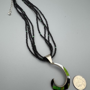 Jay King Mine Finds DTR 4 Strand 3mm Black Chalcedony Beaded Necklace with 925 Sterling Silver Green Turquoise Fishhook Pendant