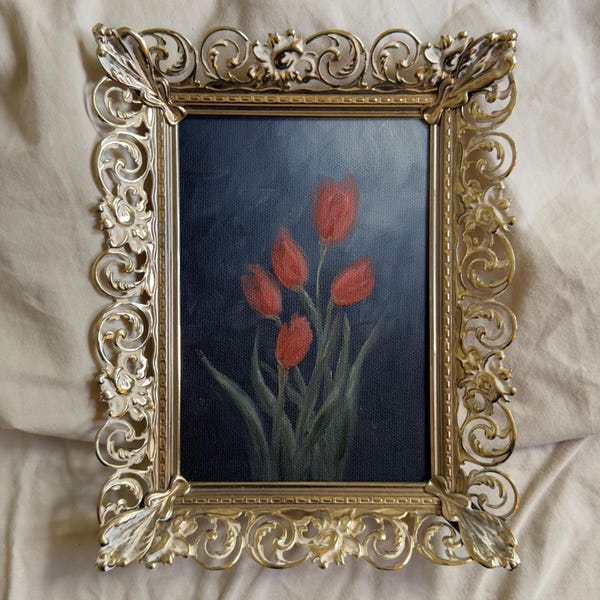 Stimmungsvolle Frühlingstulpen / Original Gemälde / Vintage Blumen Stillleben / Cottagecore / Bauernhaus / Rote Blumen