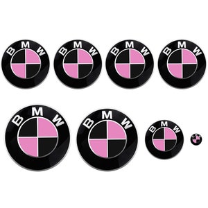 Naklejki MATOWE w kolorze czarno-jasnoróżowym na znaczki BMW, wkładki okrągłe, naklejki z emblematami, nakładki na wszystkie modele BMW serii 1 2 3 4 5 6 7 8 X M