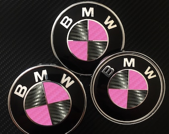 Black & Pink CARBON Decals for BMW Badge, Roundel Inserts, Badge Stickers Wrap Overlays for All Bmw Models Series 1 2 3 4 5 6 7 8 X Z M