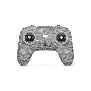 May include: A grey camouflage-patterned drone remote control. The controller has two joysticks, several buttons, and the DJI logo. The design features a mix of grey, white, and black in a digital camouflage pattern.