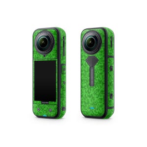 May include: Two Insta360 X5 cameras. The cameras have a green pixelated design. The front camera has a black screen with the Insta360 logo. The back camera has the Insta360 X5 logo. The cameras have a black lens and black buttons.