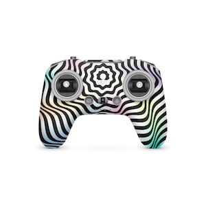May include: A drone controller with a psychedelic, black and white, wavy pattern. The controller has two joysticks, several buttons, and a central logo. The design incorporates pastel rainbow colors throughout the pattern.