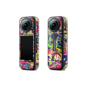 May include: Two Insta360 X5 cameras with a vibrant sticker design. The cameras feature a black screen and lens. The sticker design incorporates various colours and text. The cameras are set against a white backdrop.
