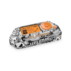 May include: A handheld electronic device with a black and white sticker design. The device has an orange circular button and a small orange screen displaying text. The text "Need an SD card" is visible on the screen. The device also has the word "FLIPPER" printed on it.